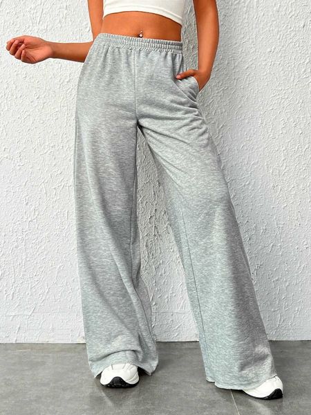 

women's solid slant pocket wide leg sweatpants, White