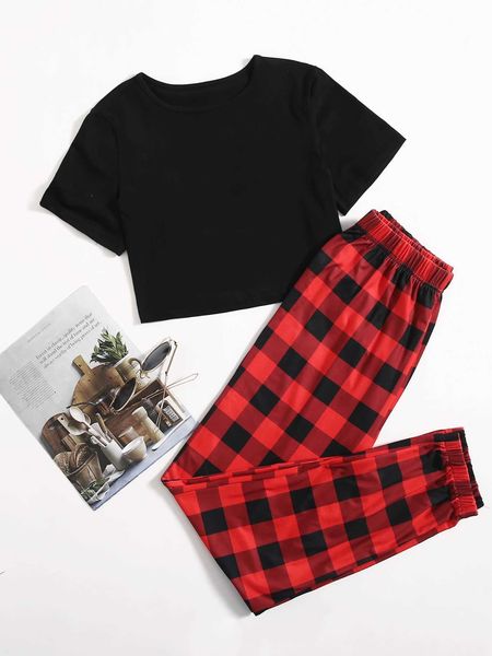 

women's solid t-shirt and buffalo plaid sweatpants, White