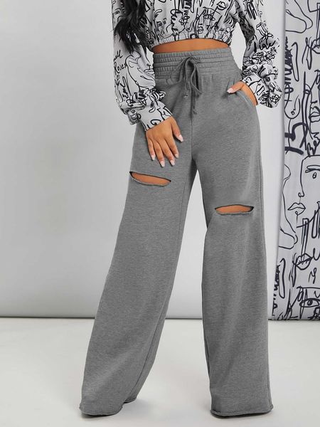 

women's slant pocket cut out drawstring waist sweatpants, White