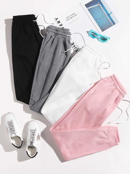 

women's 4pcs drawstring waist thermal lined sweatpants, White