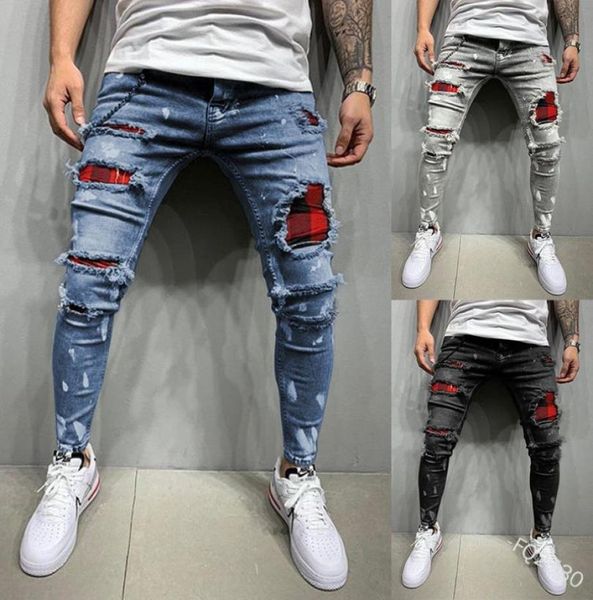 

men039s skinny jeans casual slim painted jeans denim knee hole patchwork ripped pants washed 6138747, Blue