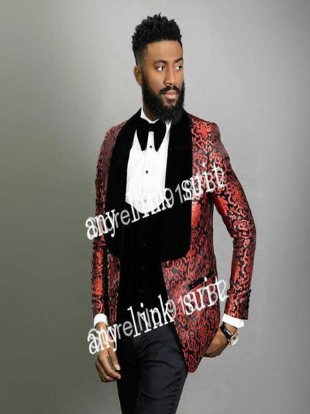 

popular one button wine pattern groom tuxedos shawl lapel groomsmen mens suits weddingpromdinner blazer jacketpantsvesttie 7934057, Black;gray