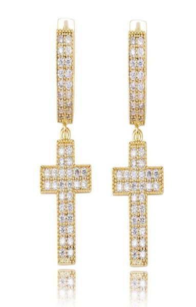 

iced out cz premium diamond zirconia cross hoops earrings for men women hip hop jewelry6942452, Golden;silver