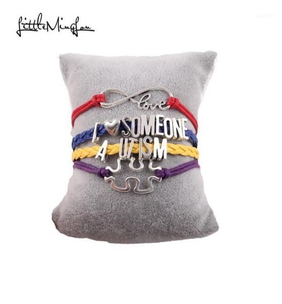 

little minglou infinity i love someone autism bracelet puzzle charm leather men awareness bracelets bangles for women jewelry19906921, Golden;silver