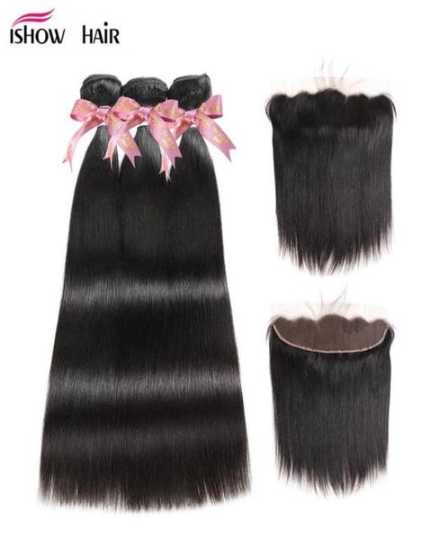 

ishow brazilian body with 13x4 lace frontal peruvian loose deep kinky curly human hair bundles with closure straight water for wom3245235, Black