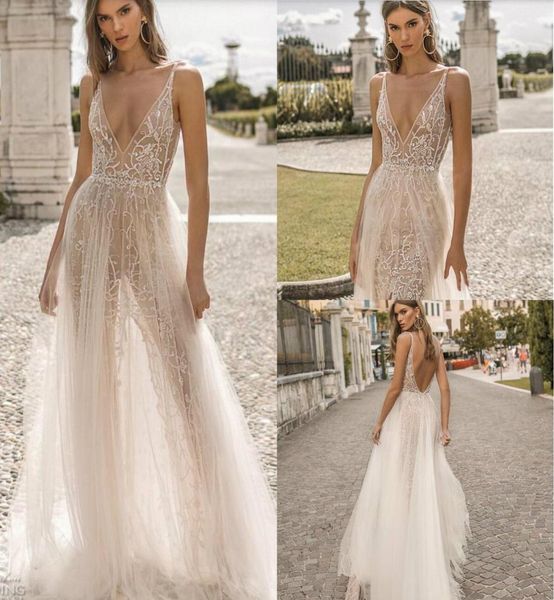 

2019 berta wedding dresses a line deep v neck backless sweep train sleeveless beach wedding dress beaded sequins vestido de n9772154, White