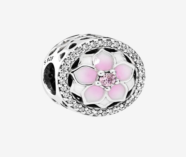 

pink magnolia flower charm women's jewelry bracelet making accessories for 925 sterling silver beads charms with original box8318366, Black