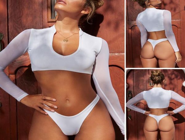 

women push up bikini brazilian long sleeve swimwear high cut bikinis thong swimsuit 2019 female solid v neck bathing suits1299898