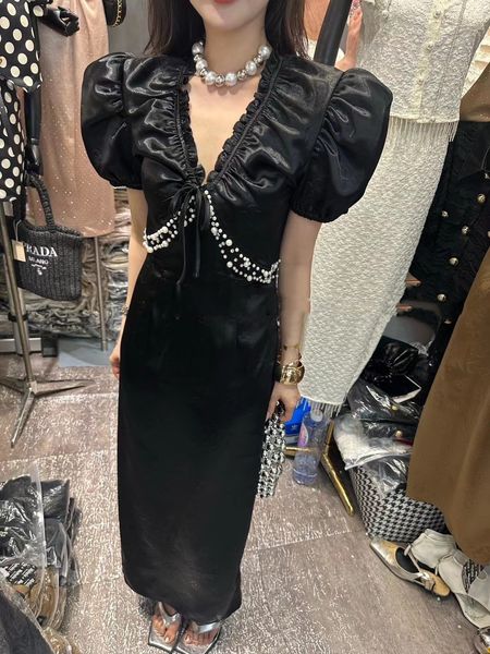 

23-design sense heavy, small fragrance, work nail beads, slim fit, v-neck, bubble sleeve dress for women 2023 new long dress, Black;gray