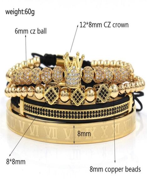 

4pcs set gold black hip hop hand made beaded bracelet men copper pave cz zircon crown roman numeral bangles bracelets jewelry 20 s2488527, Golden;silver
