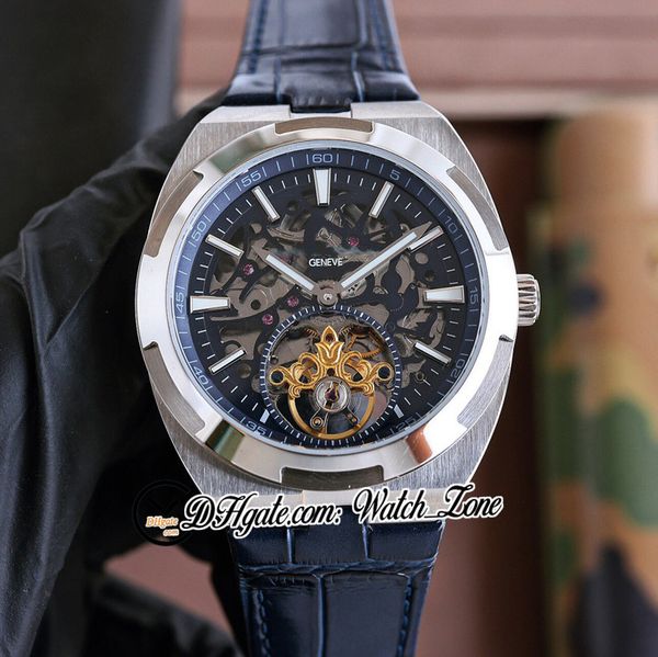 

new overseas tourbillon 6000v/110t-b935 skeleton dial automatic mens watch 6000v stick markers steel case blue leather strap gents watches w, Slivery;brown