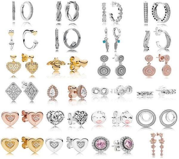 

new 100 925 sterling silver p earrings glittering heart signature round eardrop rose gold ear studs charm fit original dang9879839, Golden;silver