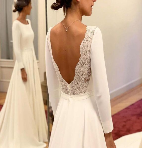 

simple chiffon bateau a line wedding dresses half sleeves open back bridal dress lace appliques wedding gowns4424865, White