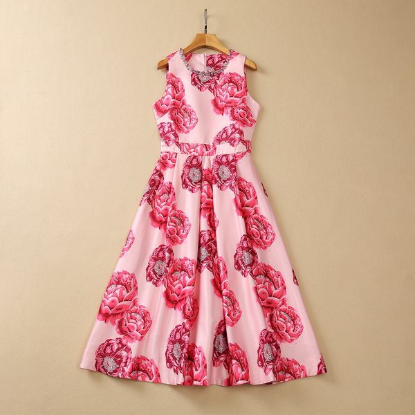 

european and american women's dress 2023 summer new style sleeveless floral print beaded crew neck fashion pleated dress, Black;gray