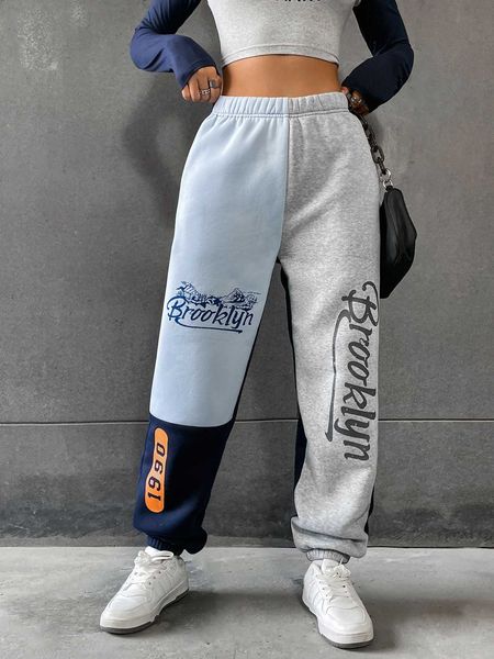 

women's mountain letter graphic colorblock sweatpants, White