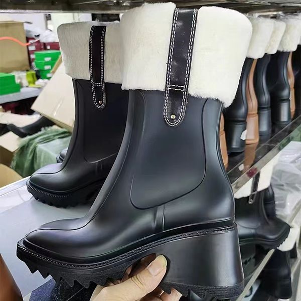 

designer shoes women betty pvc boots beeled fur high heels knee-high tall rain boot waterproof welly rubber soles platform shoes outdoor rai, Black