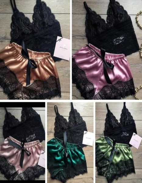 

v neck solid sleepwear summer women pajamas silk pijamas sleepwear lace short pants lingerie hollowed underwear nightdress set gga8074622, Red;black