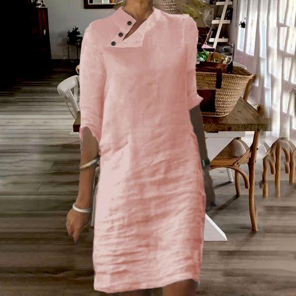 

basic casual dresses vintage dress cotton linen women clothing summer solid midi white stand collar half sleeve buttons chic tunic 230715, Black;gray