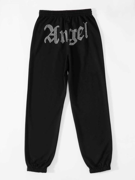 

women's rhinestone letter pattern drawstring waist sweatpants, White