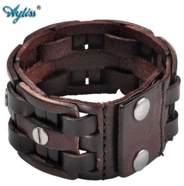 

ayliss 85quot 9quotinches blackcoffee color leather bracelets rock punk wide cuff bracelet screw bangle for men jewelry acc7728405, Golden;silver