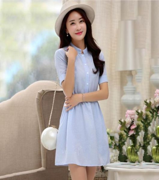 

whole 2017 new casual women girls summer short sleeve striped dress beach party collar shirt dresses vestidos9436454, White;black