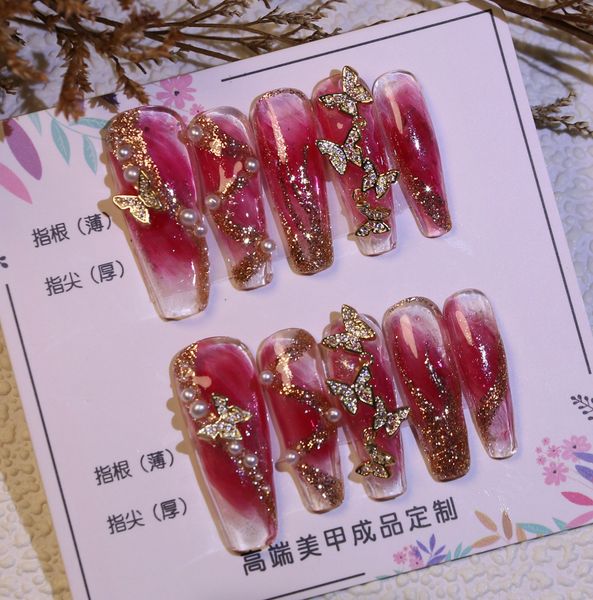 

false nails super long false nailart handmade potherapy fake nail high grade pink light therapy gel false nail bright oil full cover nail 23, Red;gold
