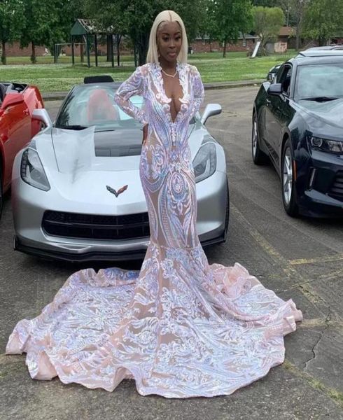 

2022 sparkly illusion sequined lace prom dresses deep v neck long sleeves evening gowns custom made birthday party wear backl4891367, Black