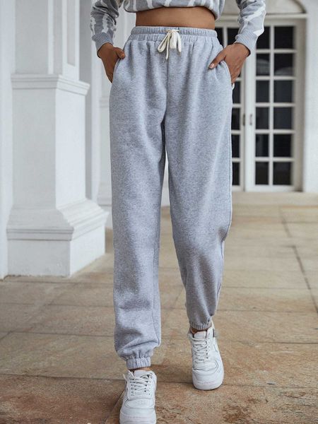 

women's slant pockets drawstring waist sweatpants, White