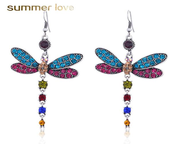 

colorful crystal dragonfly tassel vintage drop dangle stud earring for women silver plating earrings trendy party wedding jewelry1240444, Golden;silver