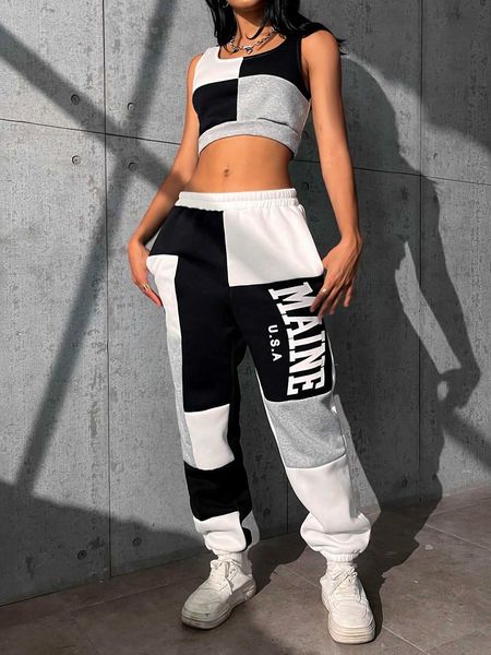 

women's colorblock crop tank letter graphic sweatpants, White