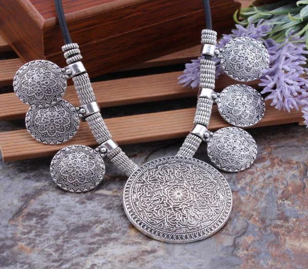 

statement ethnic vintage tibetan silver color necklaces coin carved flowers round tassels pendants for women9124945