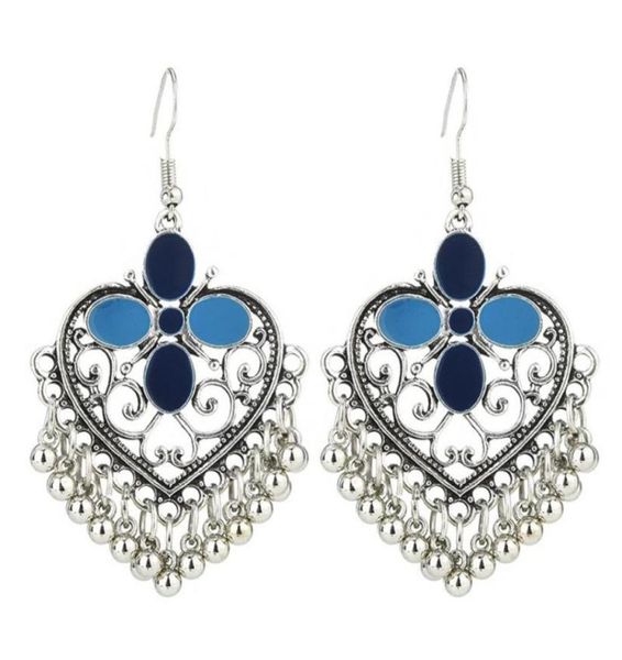 

women039s retro temperament heartshaped indian dangle earrings female ethnic hollow out metal ball tassel trend earring jhumka47865574488, Silver