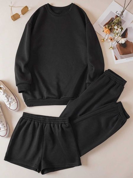

women's solid thermal lined sweatshirt sweatpants shorts, White