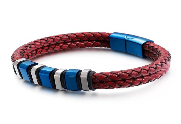 

woven red cowhide 2 layer braided leather 12cm width multi charm bracelet 210mm stainless steel men039s cool jewelry4304530, Golden;silver
