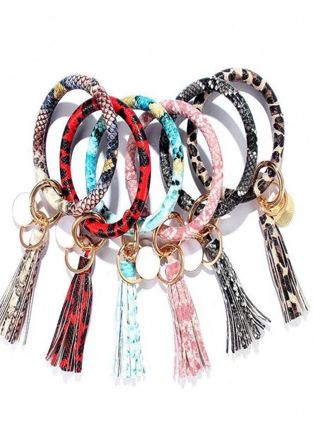 

family pu leather key chain children circle tassel bracelet wristlet keychains snake leopard key ring wrist 21colors3695247, Red;brown