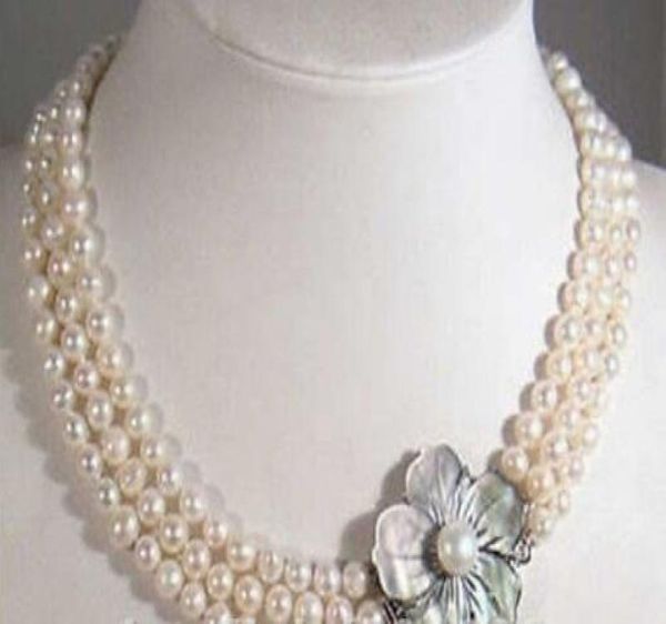 

3 rows 78mm white freshwater cultured pearl necklace 17quot19quot shell clasp2813178, Silver