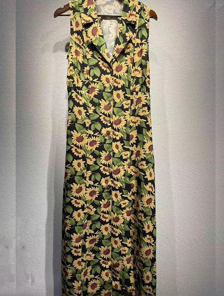 

women sunflower printed rayon lapel collar sleeveless long dress slim, Black;gray