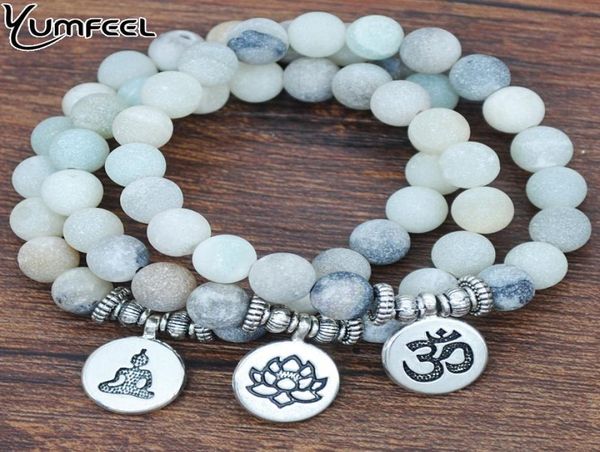

yumfeel natural matte frosted ite om lotus flower buddha charm bracelet bangles stone jewelry9674678, Golden;silver