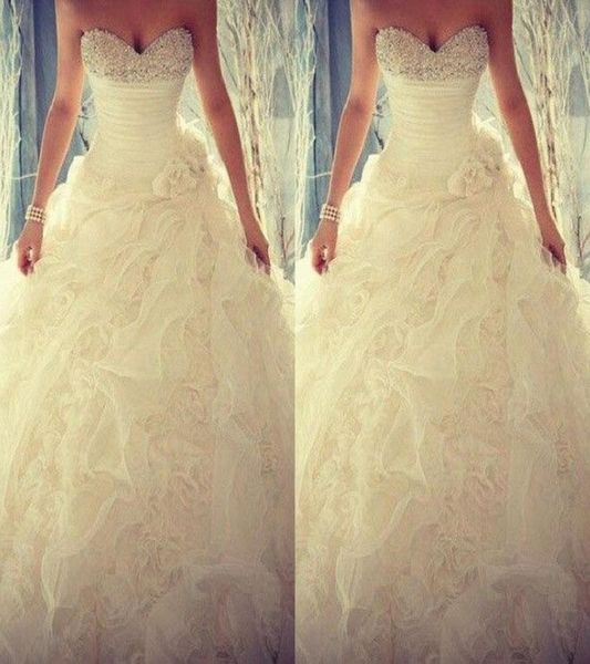 

2015 spring beaded crystals wedding dresses flouncing ruffles handmade flower organza wedding gowns sweetheart ball gown elegant b4626620, White