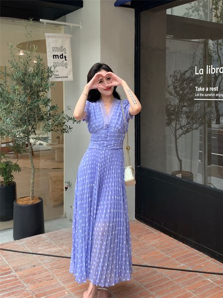 

new s-elf portrait lilac pilka dot chiffon dress, Black;gray