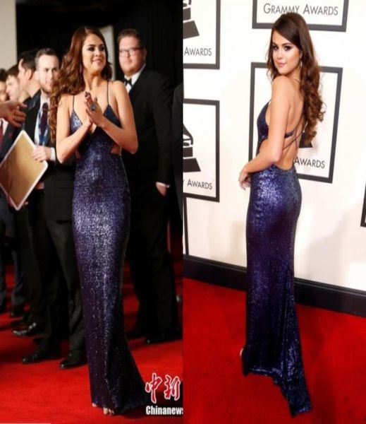 

selena gomez 2016 grammys awards celebrity dresses sequins spaghetti sparkle backless navy sweeptrain mermaid evening party dress 2314262, Black;red