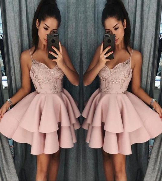

dusty rose short homecoming dresses 2018 fall spaghetti straps a line layers cocktail dress lace sequins mini prom gowns ba1765851, Blue;pink
