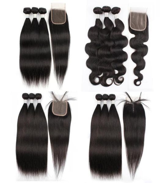 

straight remy hair bundles with 4x4 4x1 lace closure natural color body wave brazilian human hair extension2410686, Black;brown