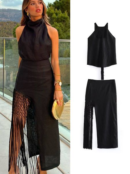 

two piece dress traf summer women solid tassel skirts sets 2023 causal sleeveless backless o neck high waist side zipper mid calf 230715, White
