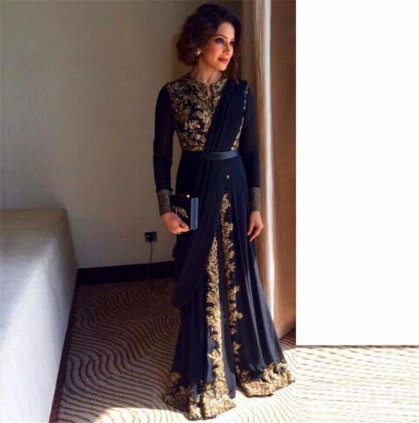 

gold emboridery applique beaded abaya dubai chiffon kaftan arabic prom gown black long sleeve front slit evening gown9013500
