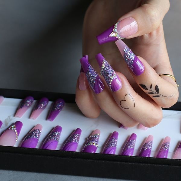 

false nails luxury coffin glitter purple clear fake nails with crystals gel pink long false nails french lengthen 230715, Red;gold