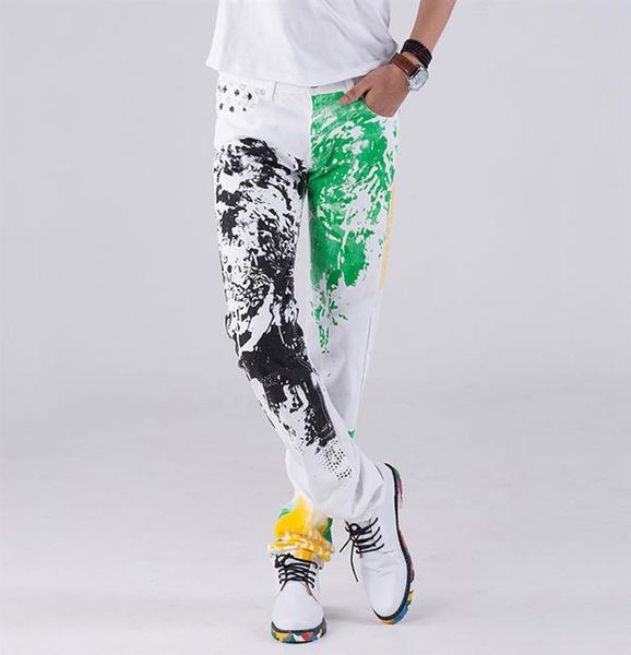 

2018 fashion stylish cool mens pants jeans with print graffiti painted denim slim fit white jeans men hip hop rock street wear215u1237851, Blue