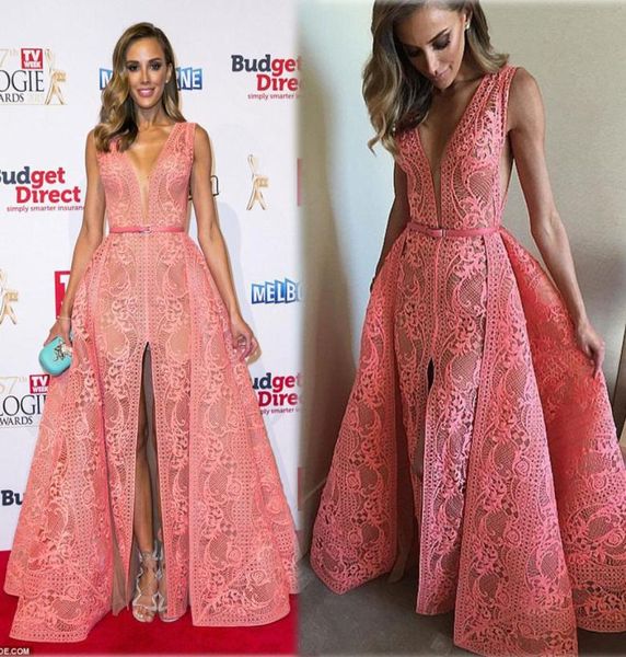

2015 watermelon evening dresses aline deep v neckline front split floor length middle east celebrity party dresses9936264, Black;red