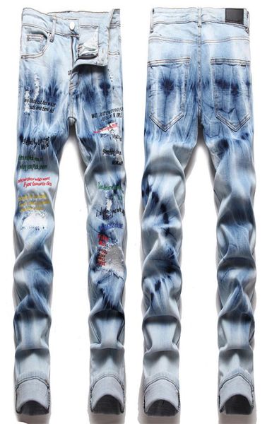 

men039s embroidery patch biker jeans slim fit motocycle casual denim trousers man2246388, Blue