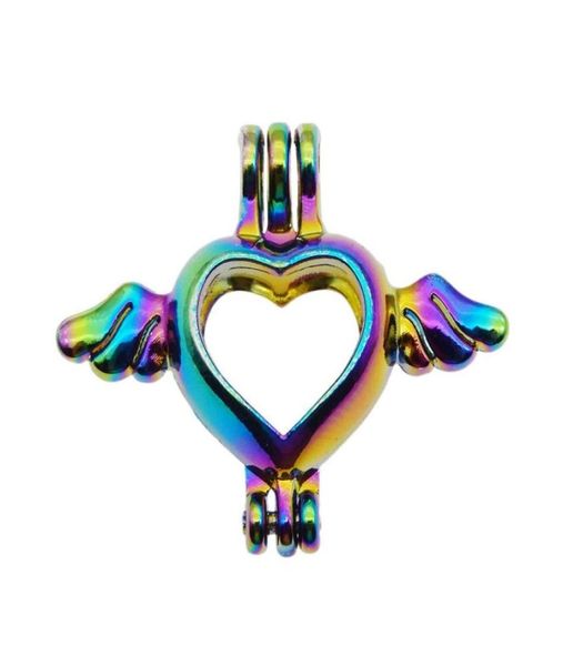

10pcs rainbow color flying heart pearl cage bead cage locket pendant essential oil diffuser diy jewelry locket for oyster pearl2160162, Silver